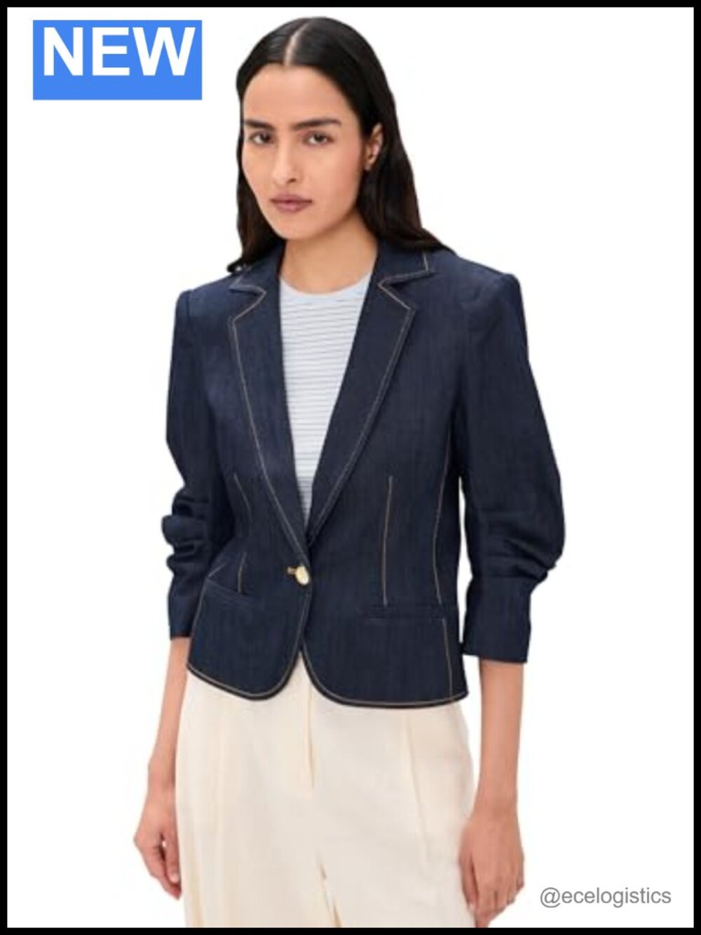 Cropped Denim Blazer One Button Faux Pockets